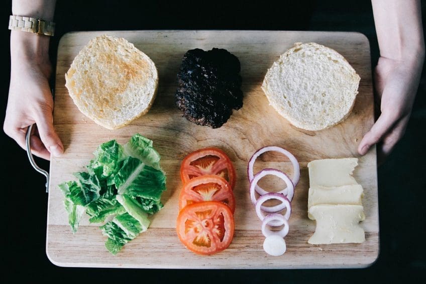 tray of whole food burger ingredients