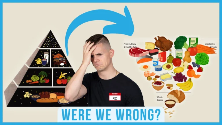 Confused dietitian beside old and upside-down new food pyramid graphic with text “Were we wrong?”