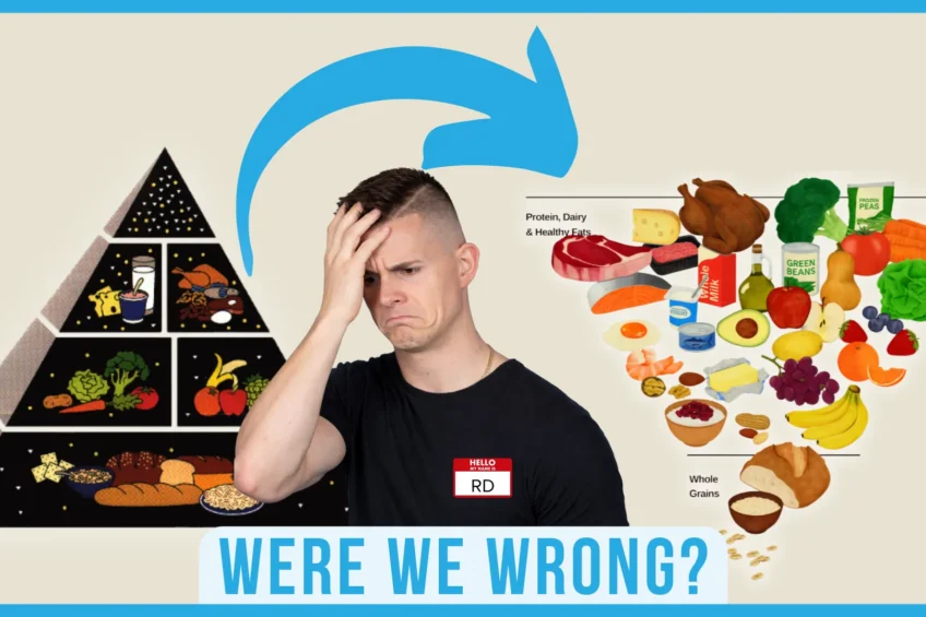 Confused dietitian beside old and upside-down new food pyramid graphic with text “Were we wrong?”