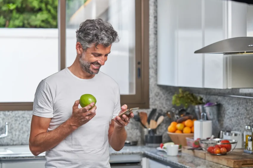 Smiling middle-aged man holding a green apple and looking at his smartphone in a modern kitchen, with fresh fruits and vegetables on the counter in the background.