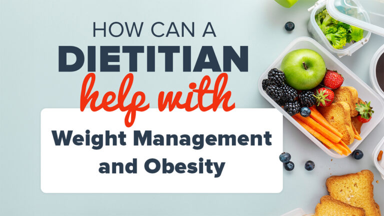 The image is a promotional or informational graphic about dietary services. It features a headline in bold, capitalized text that says "HOW CAN A DIETITIAN help with Weight Management and Obesity". The word "DIETITIAN" is emphasized in red font, while the rest of the text is in black. On the right side of the image, there's a photo of a meal prep concept with a variety of healthy foods such as green apple, berries, carrots, and whole grain toast neatly arranged in clear containers, suggesting a balanced diet. The background is a light blue, giving the graphic a clean and calm feel, which often is associated with health and wellness themes.