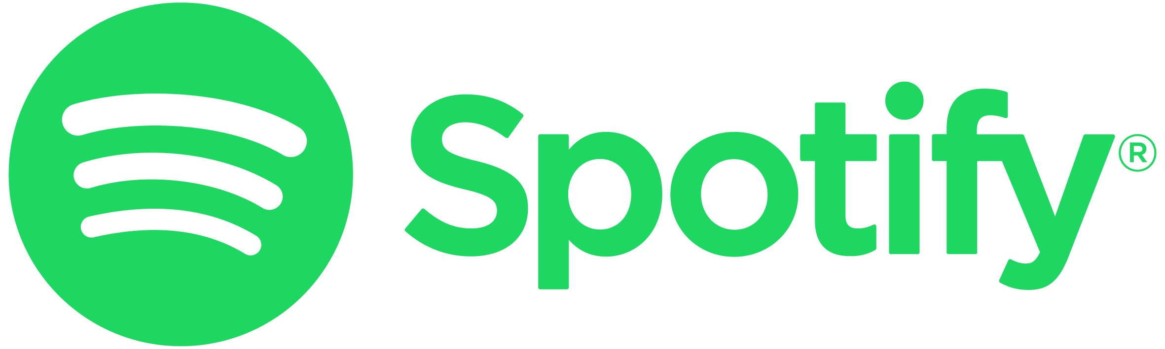 Spotify's logo, featuring a green circle with three curved lines representing sound waves on the left, and the word 'Spotify' in a bold, modern font with a capital 'S' and lowercase letters for the rest, accompanied by a registered trademark symbol on the top right side, all in the same vibrant green color.