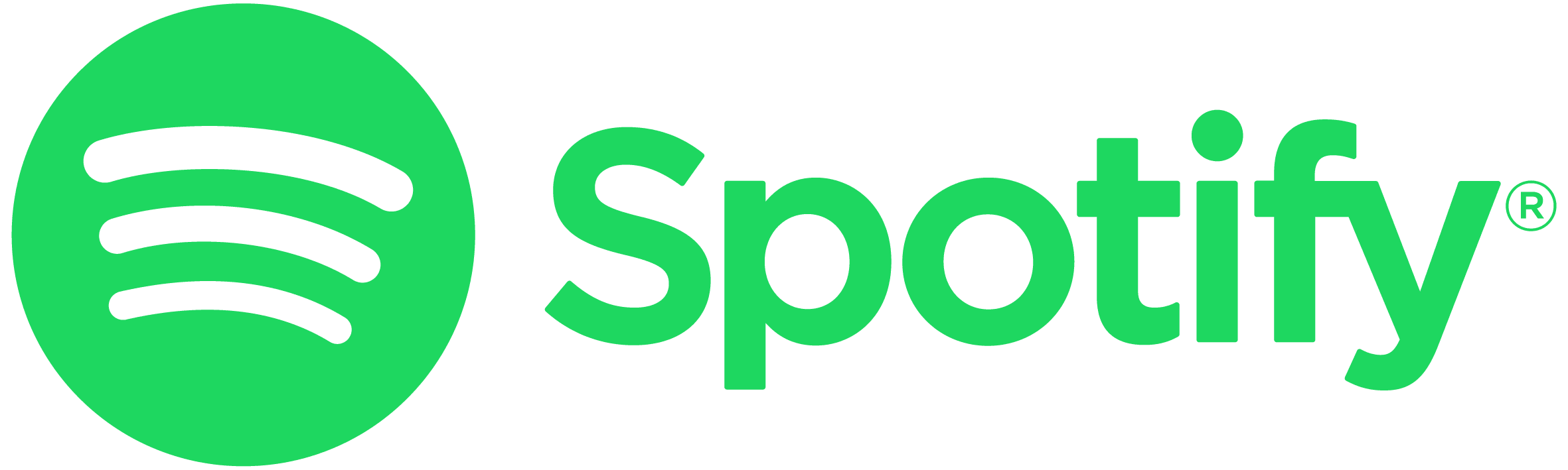 Spotify's logo, featuring a green circle with three curved lines representing sound waves on the left, and the word 'Spotify' in a bold, modern font with a capital 'S' and lowercase letters for the rest, accompanied by a registered trademark symbol on the top right side, all in the same vibrant green color.