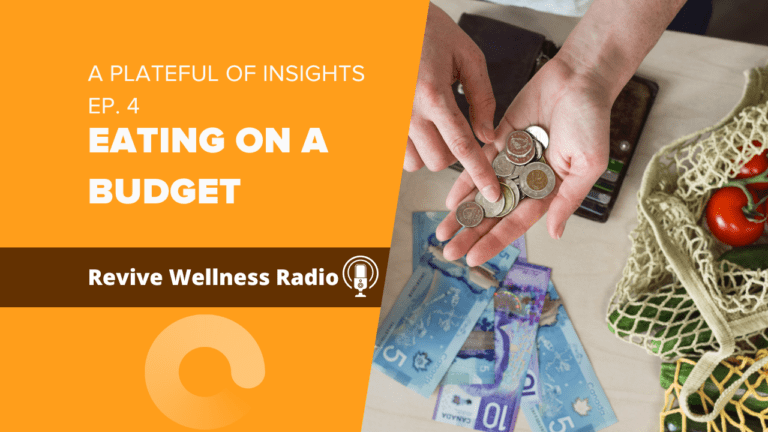 A promotional image for 'A Plateful of Insights', episode 4, titled 'Eating on a Budget'. The image features a rich orange background with the podcast title in large white letters at the top. Below to the left is the Revive Wellness Radio logo, resembling a white radio with an orange sound wave emanating from it. On the right side, there's a photo of hands holding a handful of coins over some bills, with a wallet and a string bag with fresh tomatoes visible, symbolizing budgeted spending on healthy food.