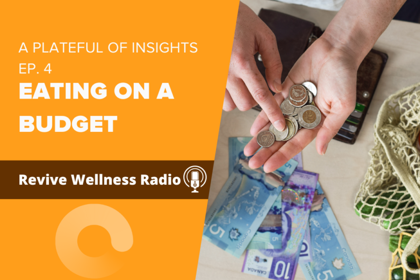 A promotional image for 'A Plateful of Insights', episode 4, titled 'Eating on a Budget'. The image features a rich orange background with the podcast title in large white letters at the top. Below to the left is the Revive Wellness Radio logo, resembling a white radio with an orange sound wave emanating from it. On the right side, there's a photo of hands holding a handful of coins over some bills, with a wallet and a string bag with fresh tomatoes visible, symbolizing budgeted spending on healthy food.