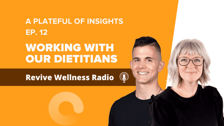 Promotional graphic for Revive Wellness Radio featuring an episode titled 'A Plateful of Insights - Ep. 12: Working with Our Dietitians'. The image has a vibrant orange background split into two tones with the title text and podcast logo on the left. On the right, there are headshots of two smiling people, a young man named Brandon with short dark hair wearing a black shirt and a woman named Andrea with shoulder-length blonde hair wearing glasses and a black top. The overall design is modern and clean, aimed at attracting listeners interested in nutrition and wellness.