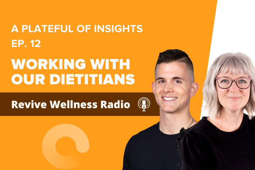 Promotional graphic for Revive Wellness Radio featuring an episode titled 'A Plateful of Insights - Ep. 12: Working with Our Dietitians'. The image has a vibrant orange background split into two tones with the title text and podcast logo on the left. On the right, there are headshots of two smiling people, a young man named Brandon with short dark hair wearing a black shirt and a woman named Andrea with shoulder-length blonde hair wearing glasses and a black top. The overall design is modern and clean, aimed at attracting listeners interested in nutrition and wellness.