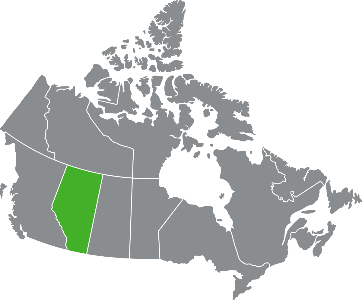 A map of Canada with the province of Alberta highlighted in green, and the rest of the country in grey.