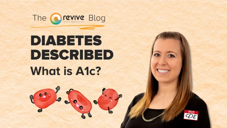 A woman with long light brown hair, wearing a black shirt and a name tag labeled 'CDE,' smiles beside the bold title 'Diabetes Described: What is A1c?' Below the text are three cartoon-style red blood cells with smiling faces and expressive poses. The Revive Blog logo is above.