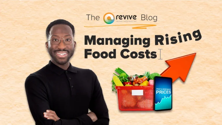 A smiling man in a black shirt stands beside bold text reading 'Managing Rising Food Costs.' Below the text is a red grocery basket filled with fresh produce and a smartphone displaying a graph labeled 'Fruit & Vegetables Prices.' A large red arrow points upward. The Revive Blog logo is at the top.