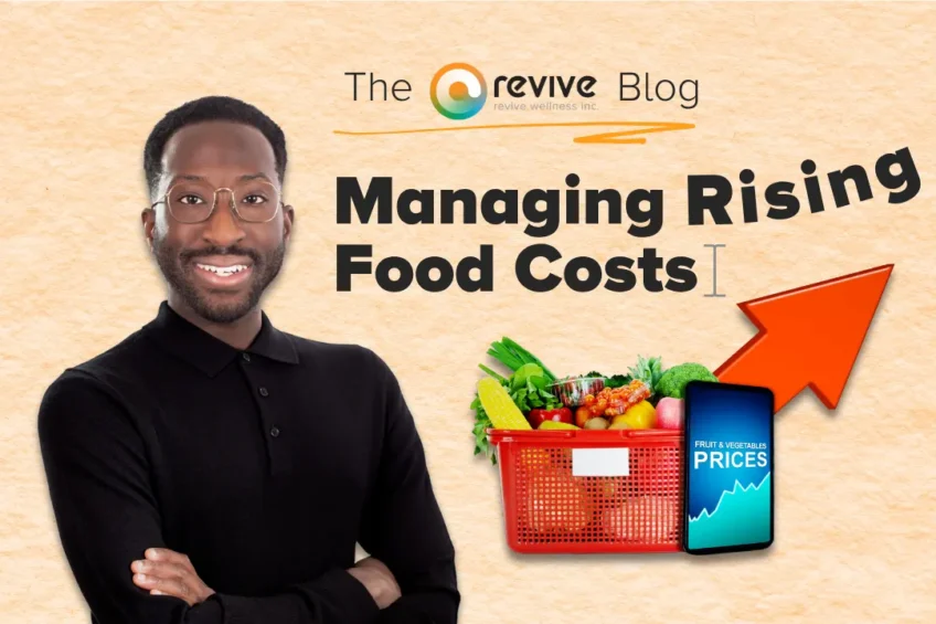 A smiling man in a black shirt stands beside bold text reading 'Managing Rising Food Costs.' Below the text is a red grocery basket filled with fresh produce and a smartphone displaying a graph labeled 'Fruit & Vegetables Prices.' A large red arrow points upward. The Revive Blog logo is at the top.