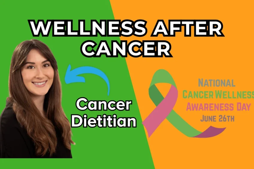 Smiling cancer dietitian Laura Velcoff with text ‘Wellness After Cancer’ and a green and orange background highlighting National Cancer Wellness Awareness Day on June 26th with a pink and green awareness ribbon.