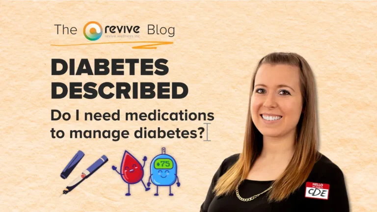A woman in a black top with a 'CDE' name tag smiles next to the title 'Diabetes Described: Do I need medications to manage diabetes?' on a light tan background. Below the text are cartoon illustrations of a blood drop, glucose monitor, and insulin pen, all with friendly faces.