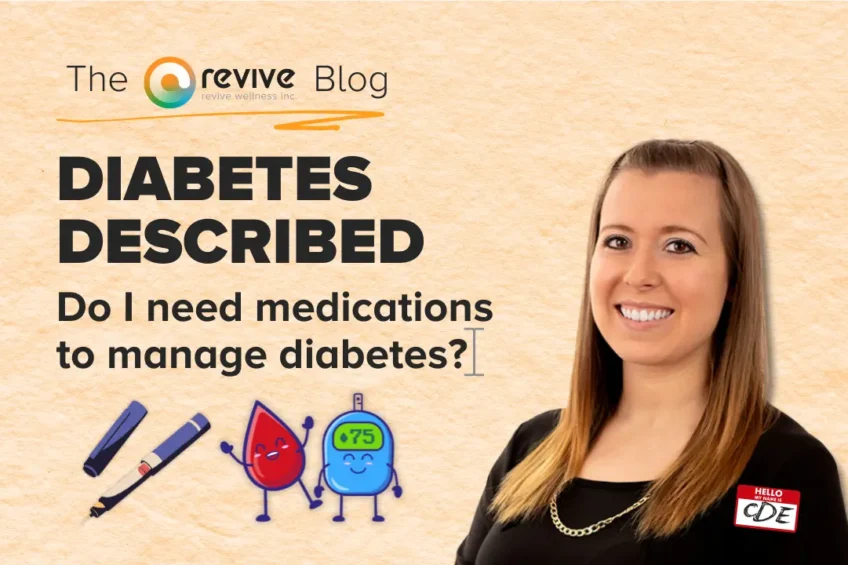 A woman in a black top with a 'CDE' name tag smiles next to the title 'Diabetes Described: Do I need medications to manage diabetes?' on a light tan background. Below the text are cartoon illustrations of a blood drop, glucose monitor, and insulin pen, all with friendly faces.