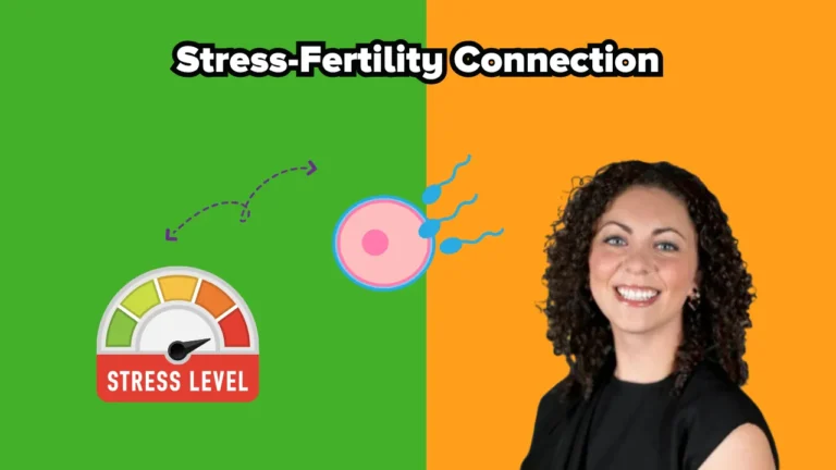 A digital illustration titled "Stress-Fertility Connection." On the left side, a stress level gauge indicates various stress levels, while the right side features an image of an egg cell being fertilized by sperm, symbolizing the link between stress and fertility. A smiling woman with curly hair appears on the right side, representing wellness.