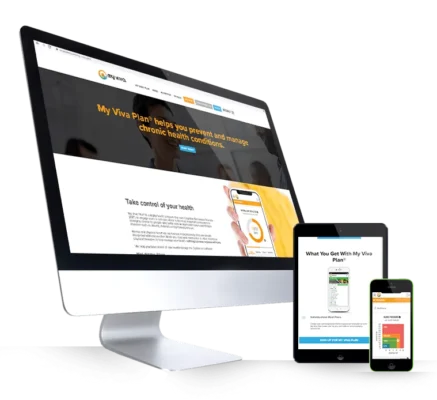 A computer monitor, tablet, and smartphone display the My Viva Plan® website and interface. The screens show features related to health management, including personalized plans and progress tracking, emphasizing accessibility across multiple devices.