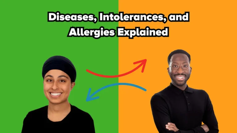 Two smiling people against a split green and orange background with the title “Diseases, Intolerances, and Allergies Explained” and arrows pointing between them.