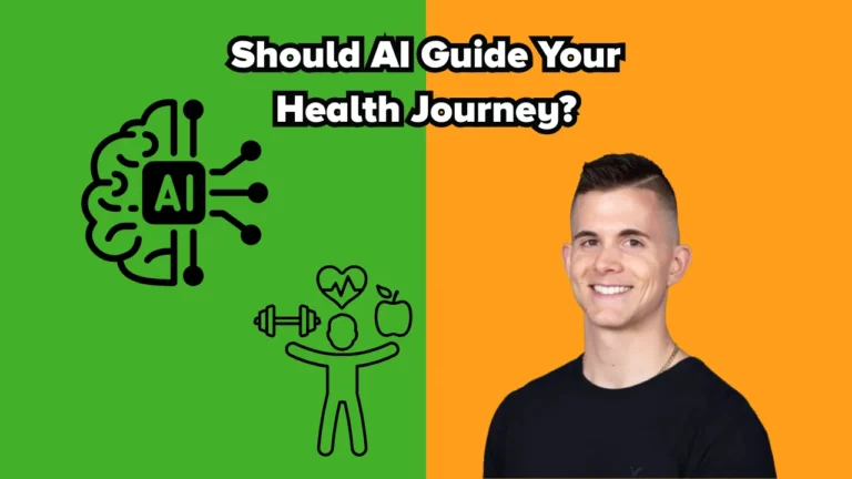 A split-screen image with a green left side and orange right side. The left side features an AI brain icon and health-related symbols including a heart, dumbbell, and apple. The right side shows a smiling man with short hair wearing a black shirt. Text across the top reads, "Should AI Guide Your Health Journey?"