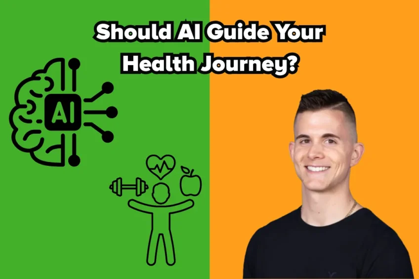 A split-screen image with a green left side and orange right side. The left side features an AI brain icon and health-related symbols including a heart, dumbbell, and apple. The right side shows a smiling man with short hair wearing a black shirt. Text across the top reads, "Should AI Guide Your Health Journey?"