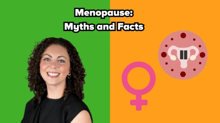 Split image with a smiling woman on the left against a green background and menopause-related icons on the right against an orange background. Text at the top reads, "Menopause: Myths and Facts."
