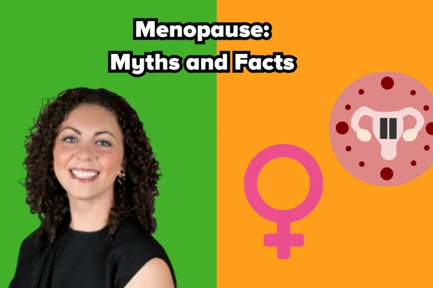 Split image with a smiling woman on the left against a green background and menopause-related icons on the right against an orange background. Text at the top reads, "Menopause: Myths and Facts."