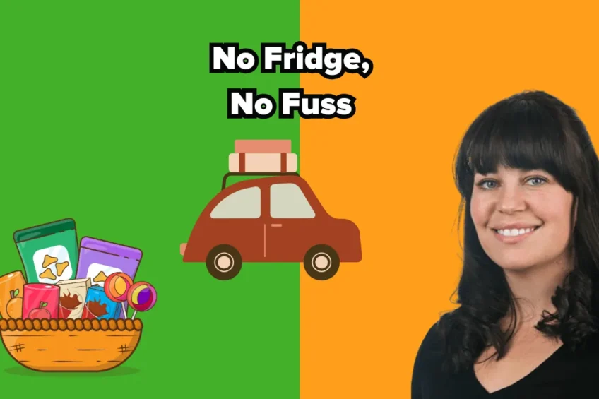 Split-screen image with a green left side and orange right side. The left side shows a basket of packaged snacks and a small car with luggage on top. The right side features a smiling woman with dark hair wearing a black shirt. Text at the top reads, "No Fridge, No Fuss."