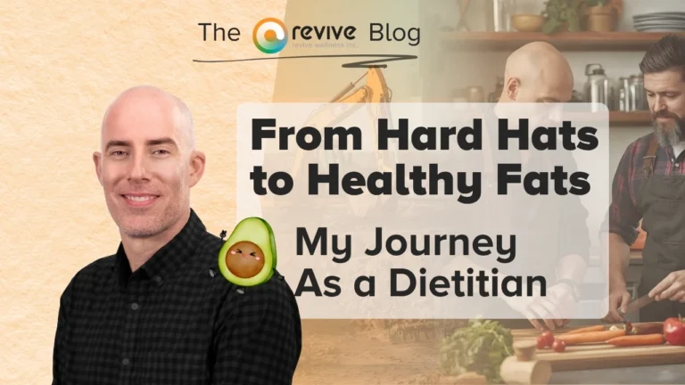 A bald man in a dark checkered shirt smiles beside text that reads “From Hard Hats to Healthy Fats: My Journey as a Dietitian.” Behind him, there is a kitchen scene with men preparing food and a faded construction vehicle image. A cheerful cartoon avocado is also included.