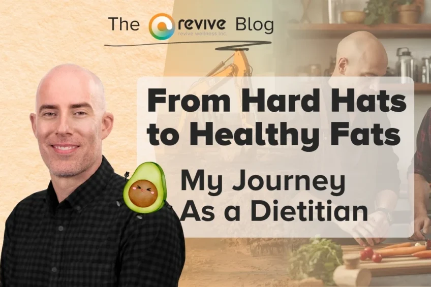 A bald man in a dark checkered shirt smiles beside text that reads “From Hard Hats to Healthy Fats: My Journey as a Dietitian.” Behind him, there is a kitchen scene with men preparing food and a faded construction vehicle image. A cheerful cartoon avocado is also included.