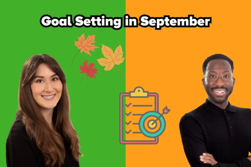 Two smiling individuals stand on a split green and orange background with autumn leaves and a checklist graphic. The text "Goal Setting in September" appears at the top.