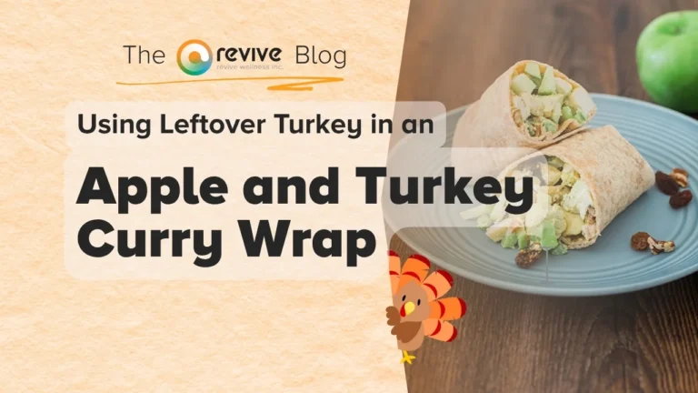 A plate holds a whole wheat tortilla wrap sliced in half, filled with chunks of turkey, diced green apple, and curry-seasoned ingredients. Raisins are scattered on the plate, with a green apple in the background.