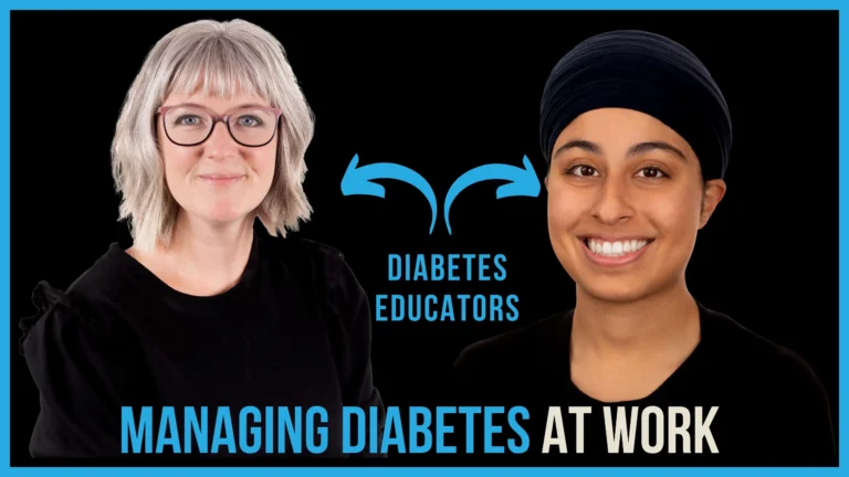 Two diabetes educators smiling against a black background with blue text and arrows that say “Diabetes Educators” and a headline that reads “Managing Diabetes at Work.”