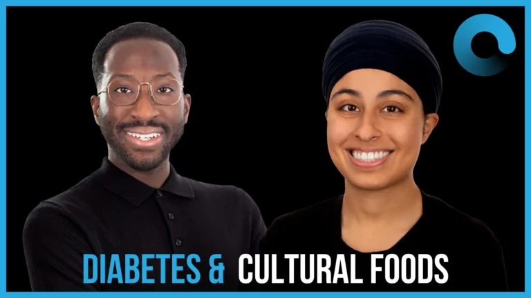 Two smiling podcast hosts standing side by side against a black background, with the text “Diabetes & Cultural Foods.