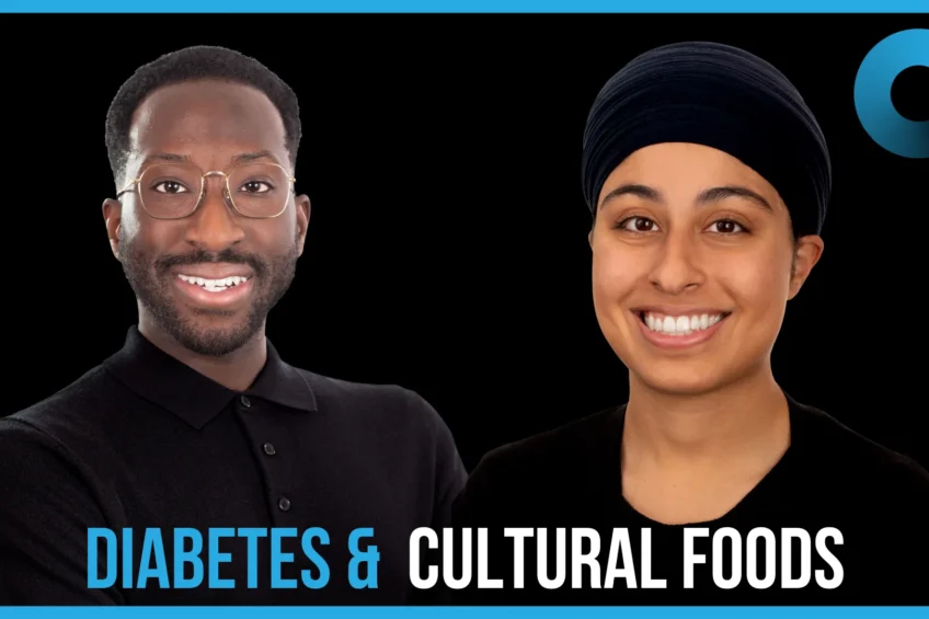 Two smiling podcast hosts standing side by side against a black background, with the text “Diabetes & Cultural Foods.