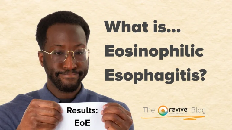 A man holding a paper labelled “Results: EoE” beside large text reading “What is… Eosinophilic Esophagitis” on a textured background.