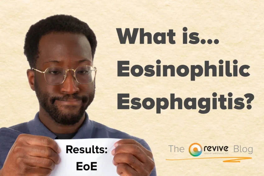 A man holding a paper labelled “Results: EoE” beside large text reading “What is… Eosinophilic Esophagitis” on a textured background.
