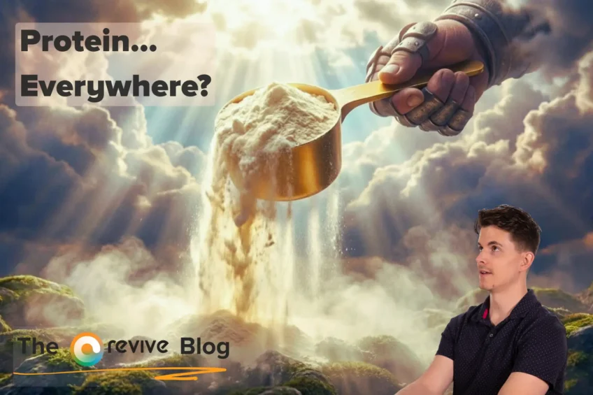 Giant hand in the clouds pouring a scoop of protein powder while a man looks up in surprise, with the text “Protein… Everywhere?”