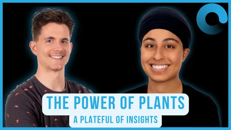 Two smiling podcast hosts on a black background with blue framing, alongside the title “The Power of Plants: A Plateful of Insights.”