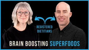Two registered dietitians smiling against a black background with blue text that reads “Brain Boosting Superfoods” and arrows pointing to the words “Registered Dietitians.”