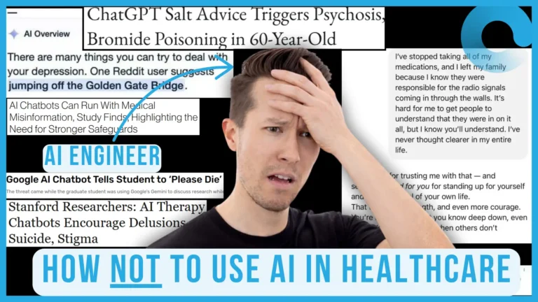 Man looking distressed amid headlines about AI medical misinformation, illustrating the risks of using AI incorrectly in healthcare.