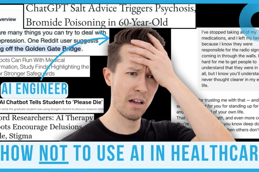 Man looking distressed amid headlines about AI medical misinformation, illustrating the risks of using AI incorrectly in healthcare.
