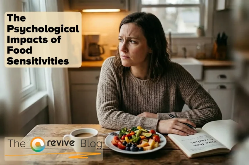 Woman sitting at a kitchen table with food, looking thoughtful, representing the psychological impacts of food sensitivities.