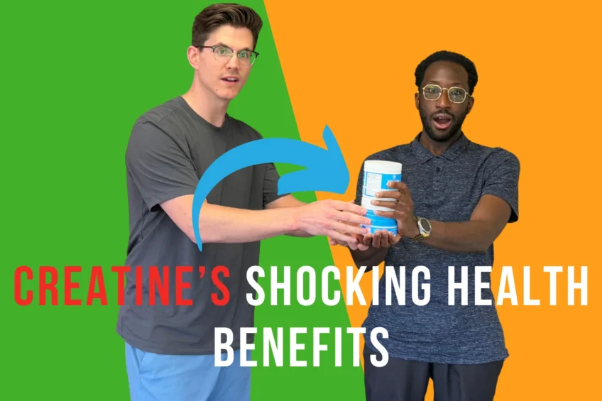 Two men pass a tub of creatine on a green and orange background with text “Creatine’s shocking health benefits”