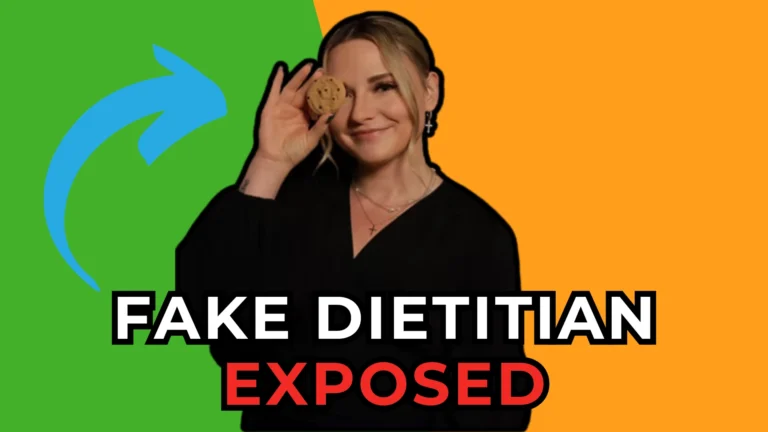 Woman holds a cookie over one eye on a green and orange background with a blue arrow and the text “Fake Dietitian Exposed.”
