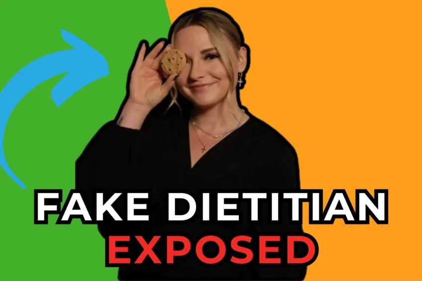 Woman holds a cookie over one eye on a green and orange background with a blue arrow and the text “Fake Dietitian Exposed.”