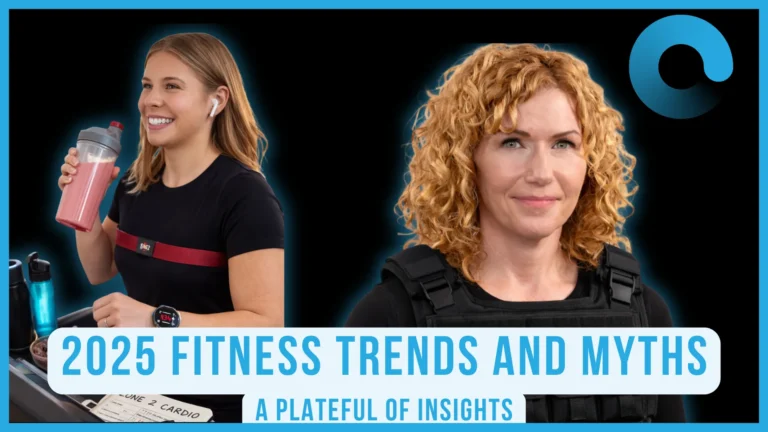 Two fitness experts showcasing 2025 fitness trends, one with a shaker bottle and heart rate monitor, the other in a weighted vest, with a blue overlay and title.