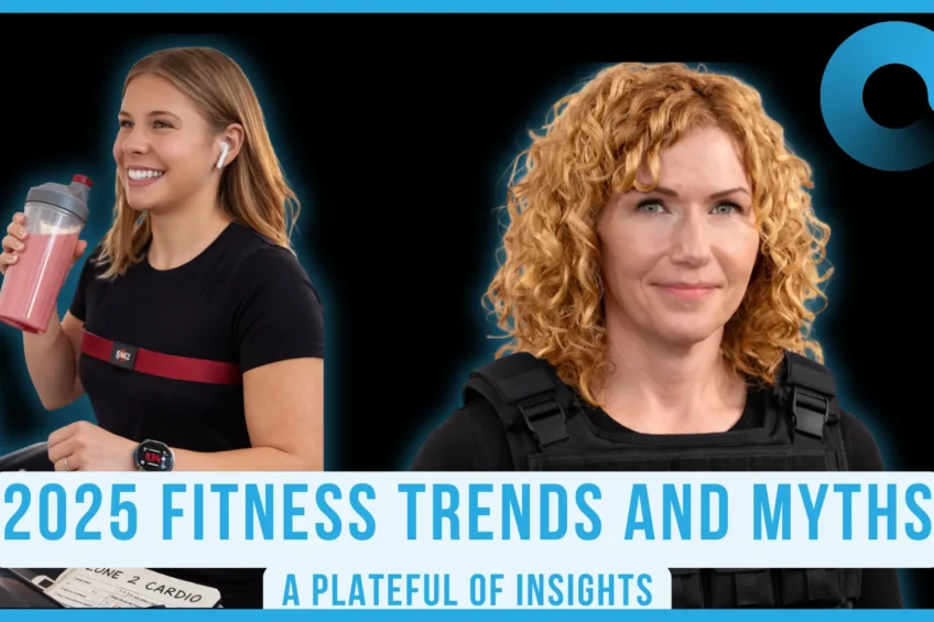 Two fitness experts showcasing 2025 fitness trends, one with a shaker bottle and heart rate monitor, the other in a weighted vest, with a blue overlay and title.