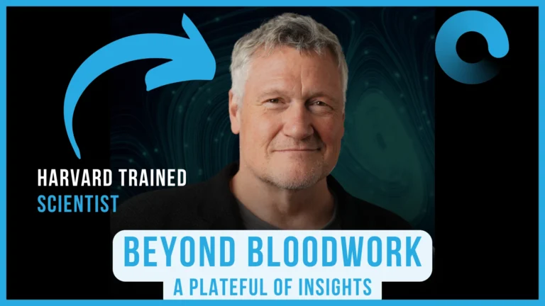 Harvard-trained scientist with text "BEYOND BLOODWORK A PLATEFUL OF INSIGHTS" and a blue swirling background.