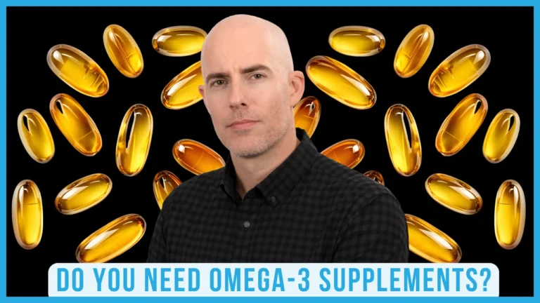A person with omega-3 capsules in the background, highlighting the topic of omega-3 supplements.