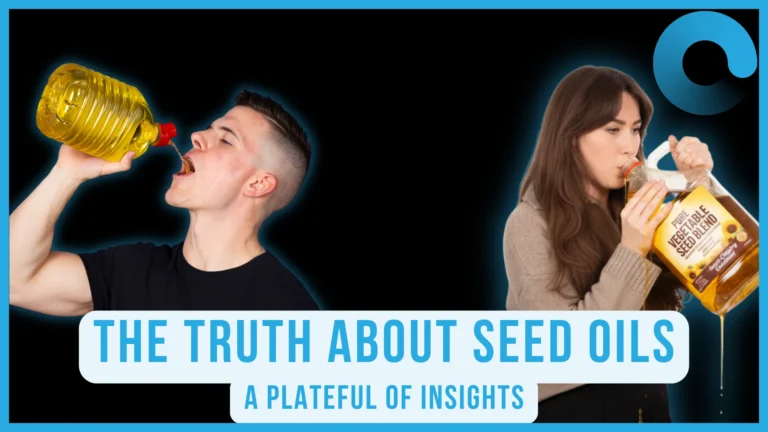 Two people drinking large bottles of vegetable oil beside text reading “The Truth About Seed Oils” on a dark background.