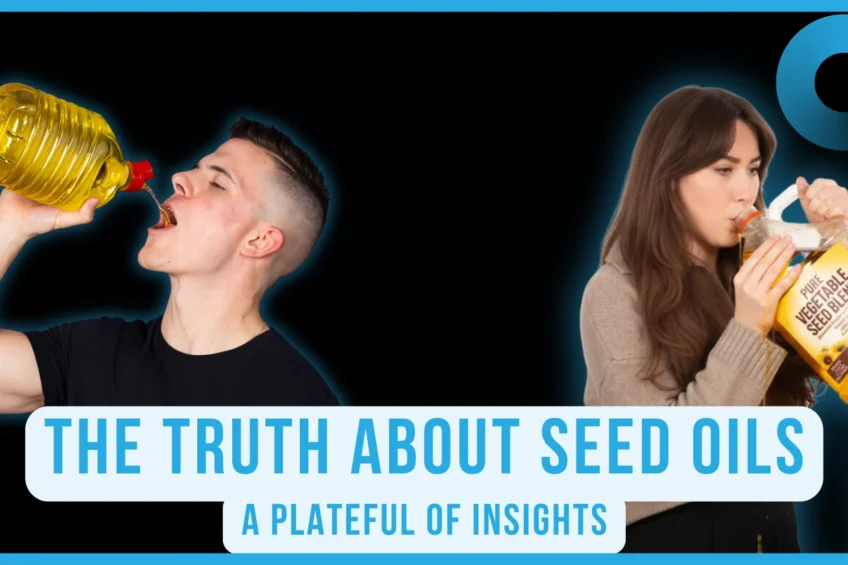 Two people drinking large bottles of vegetable oil beside text reading “The Truth About Seed Oils” on a dark background.